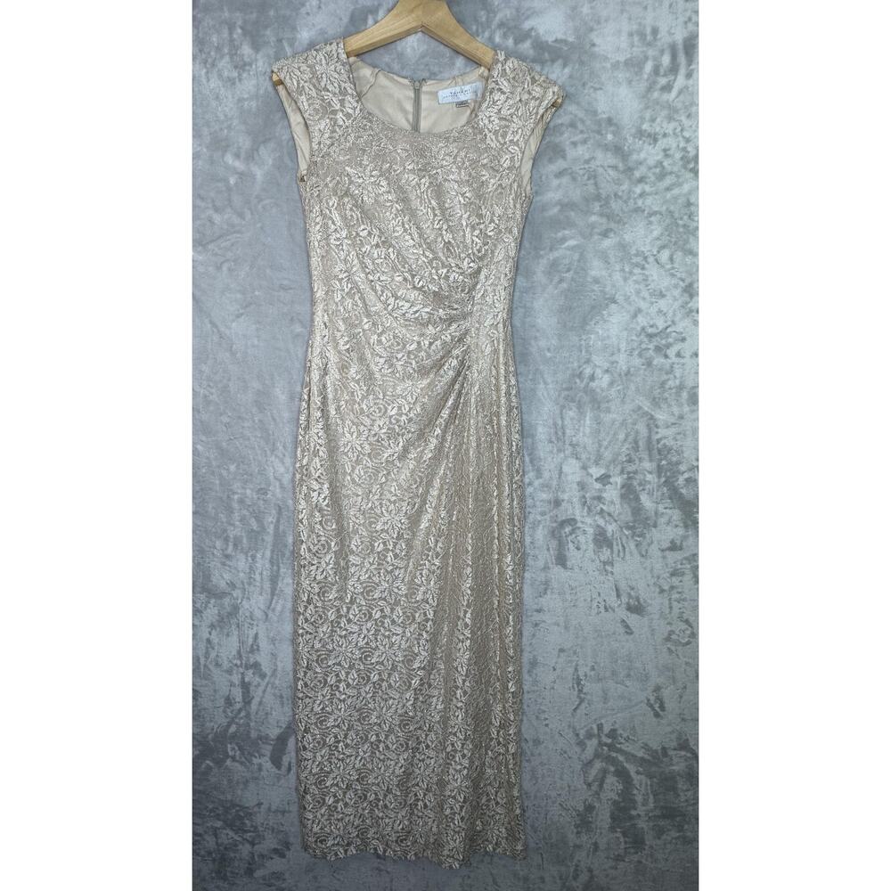 Tahari Arthur Levine Dress Womens 4 Gold Lace Ruched Formal Gown Cap Sleeve
